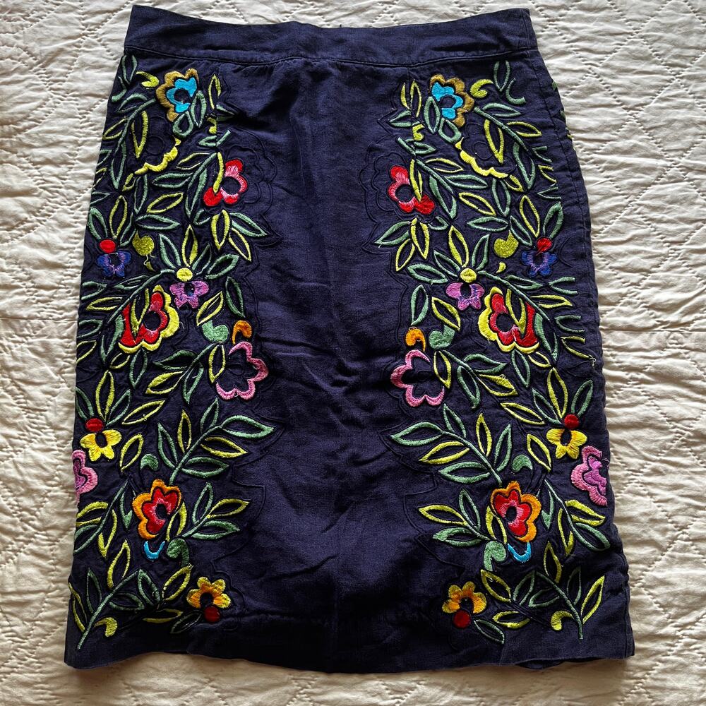 Vintage Y2K Purple Floral Embroidered Linen Pencil Skirt Size XS Small 4